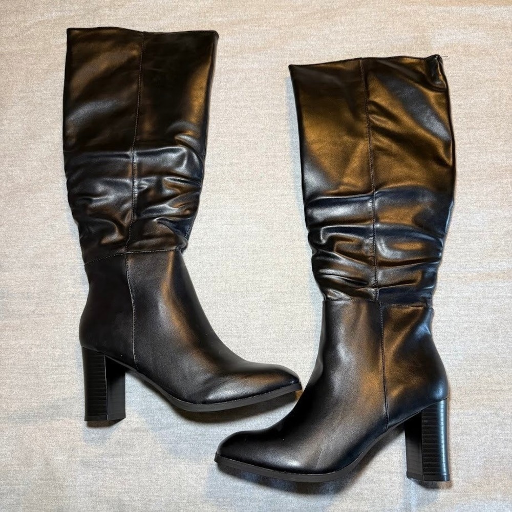 Womens Black Faux Leather Knee High Boots Block Heel Square Toe Side Zip Size 7